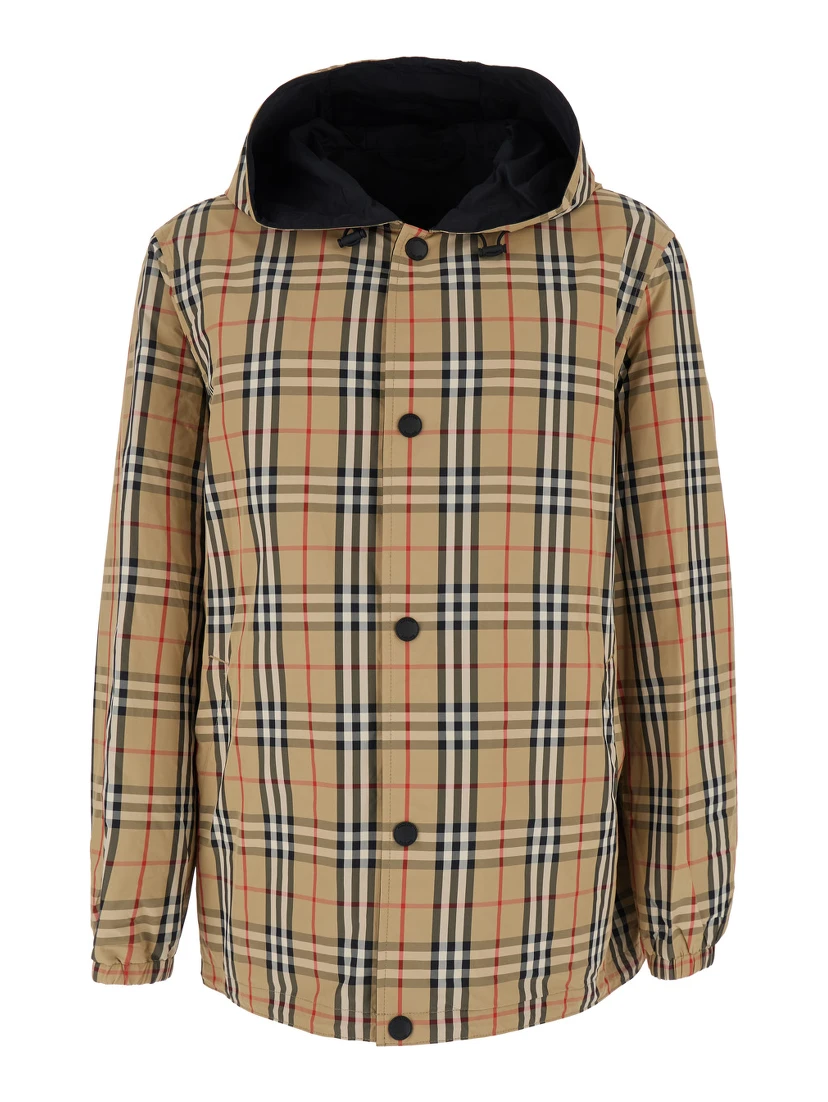 Beige Reversible Jacket with Drawstring Hood and All-Over Check Motif in Tech Fabric Man