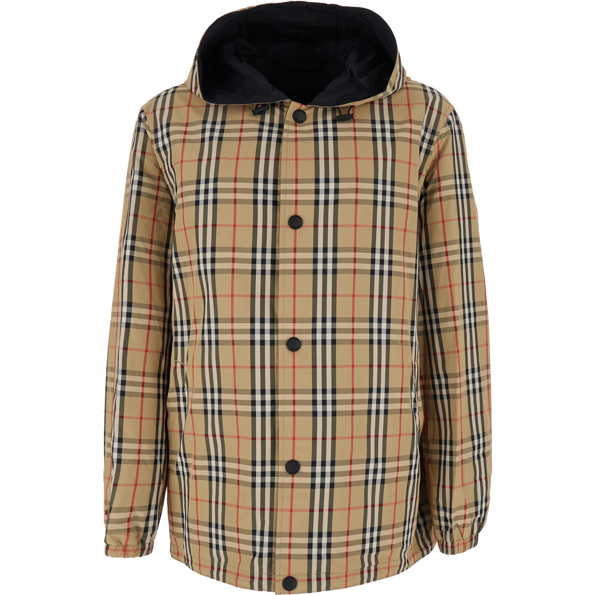 Beige Reversible Jacket with Drawstring Hood and All-Over Check Motif in Tech Fabric Man