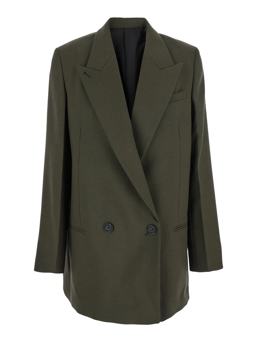 Green Double-Breasted Jacket with Peak Revers in Wool Blend Woman