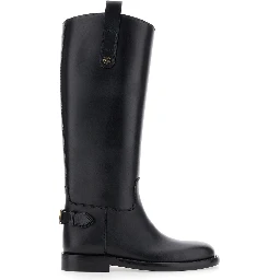 Black Boots with Side Logo Plaque in Leather Woman