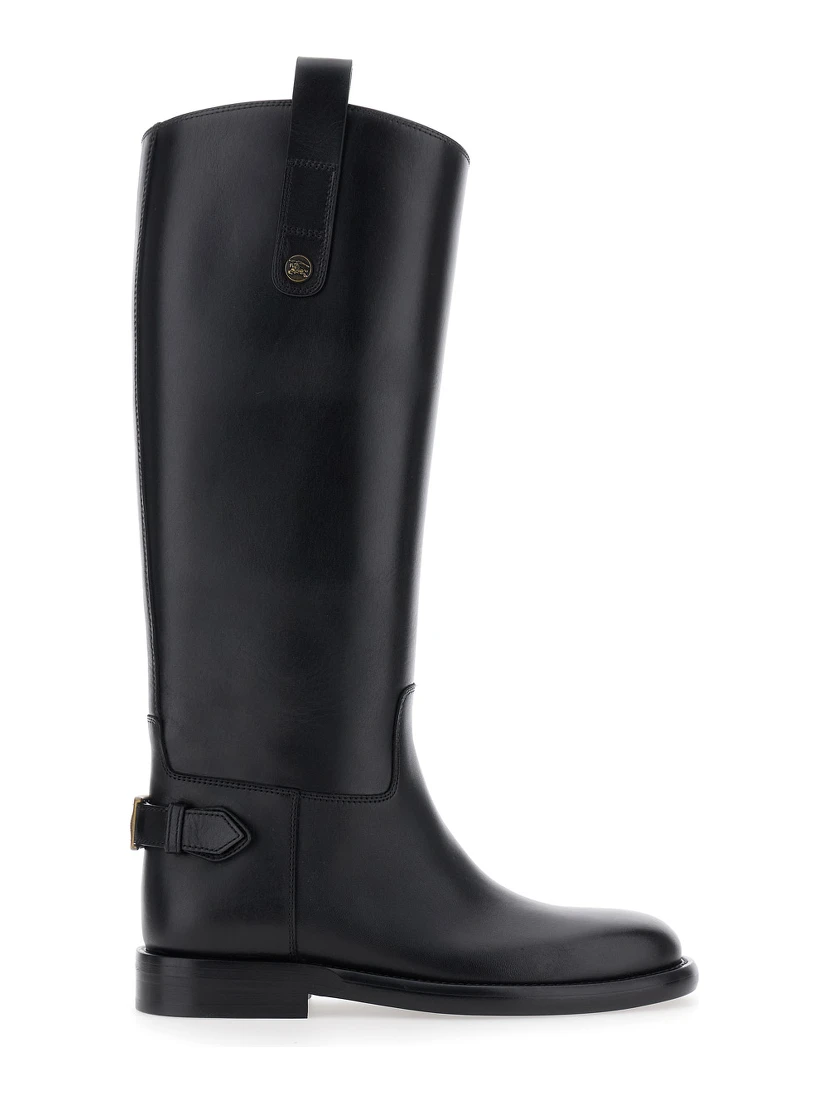 Black Boots with Side Logo Plaque in Leather Woman