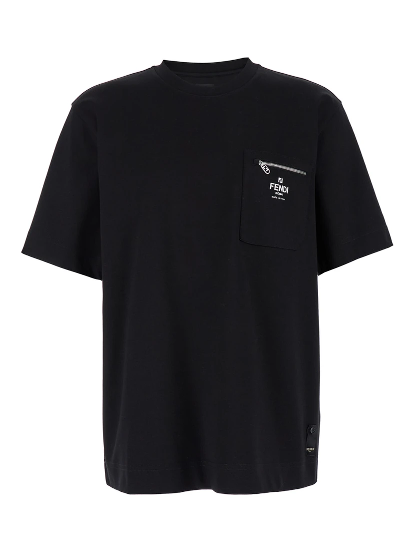 Black Crewneck T-Shirt with Logo Print on the Front in Cotton Man