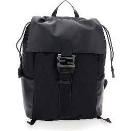 Black Backpack with Logo Plaque and All-Over FF Motif in Nylon Man