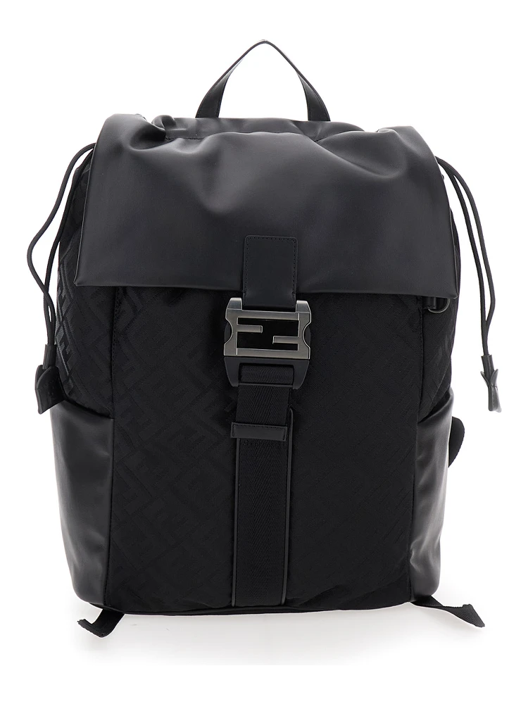 Black Backpack with Logo Plaque and All-Over FF Motif in Nylon Man