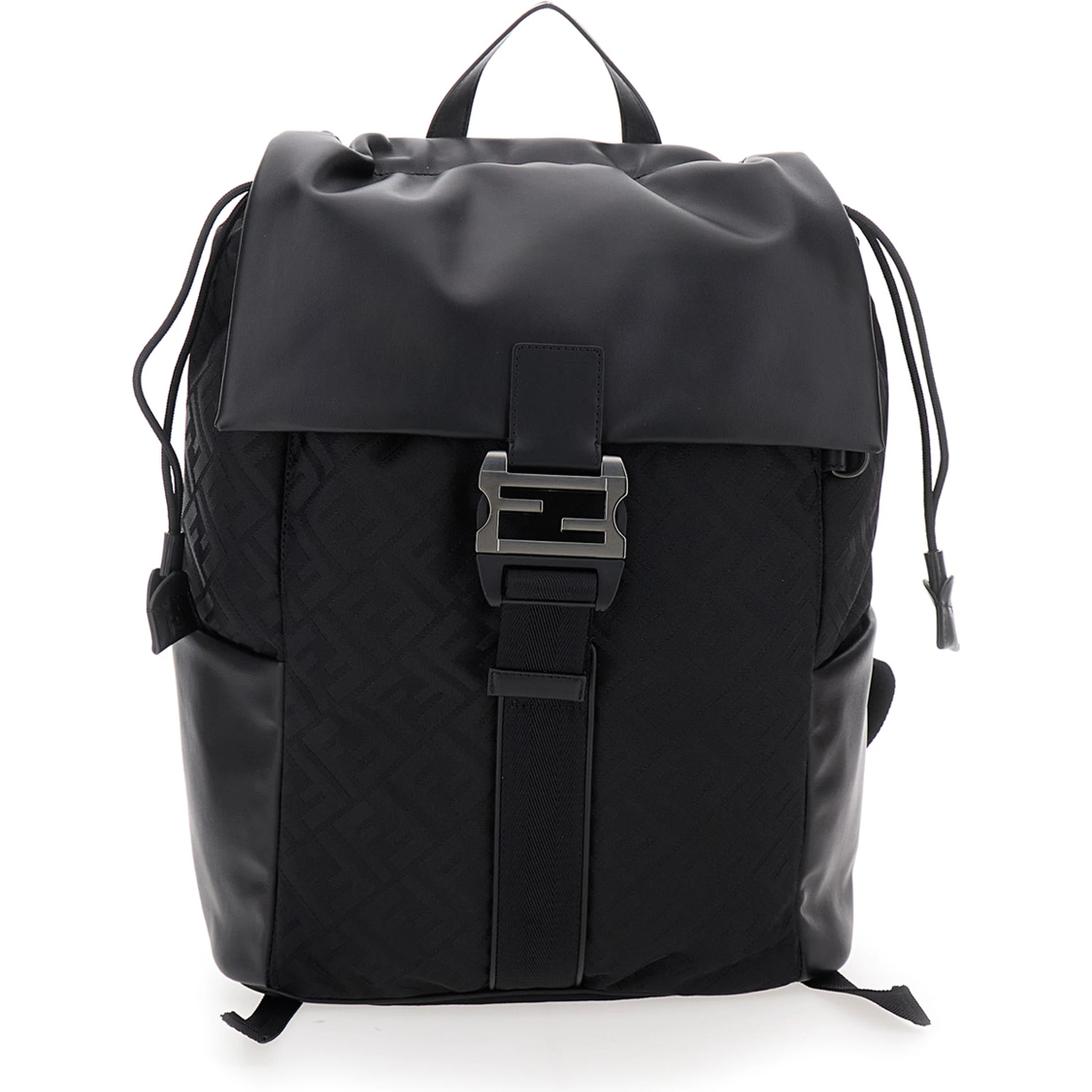 Black Backpack with Logo Plaque and All-Over FF Motif in Nylon Man