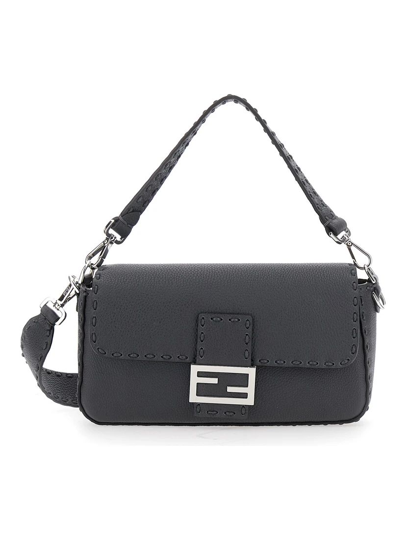 “Baguette” Grey Shoulder Bag with Contrast Stitching in Leather Man