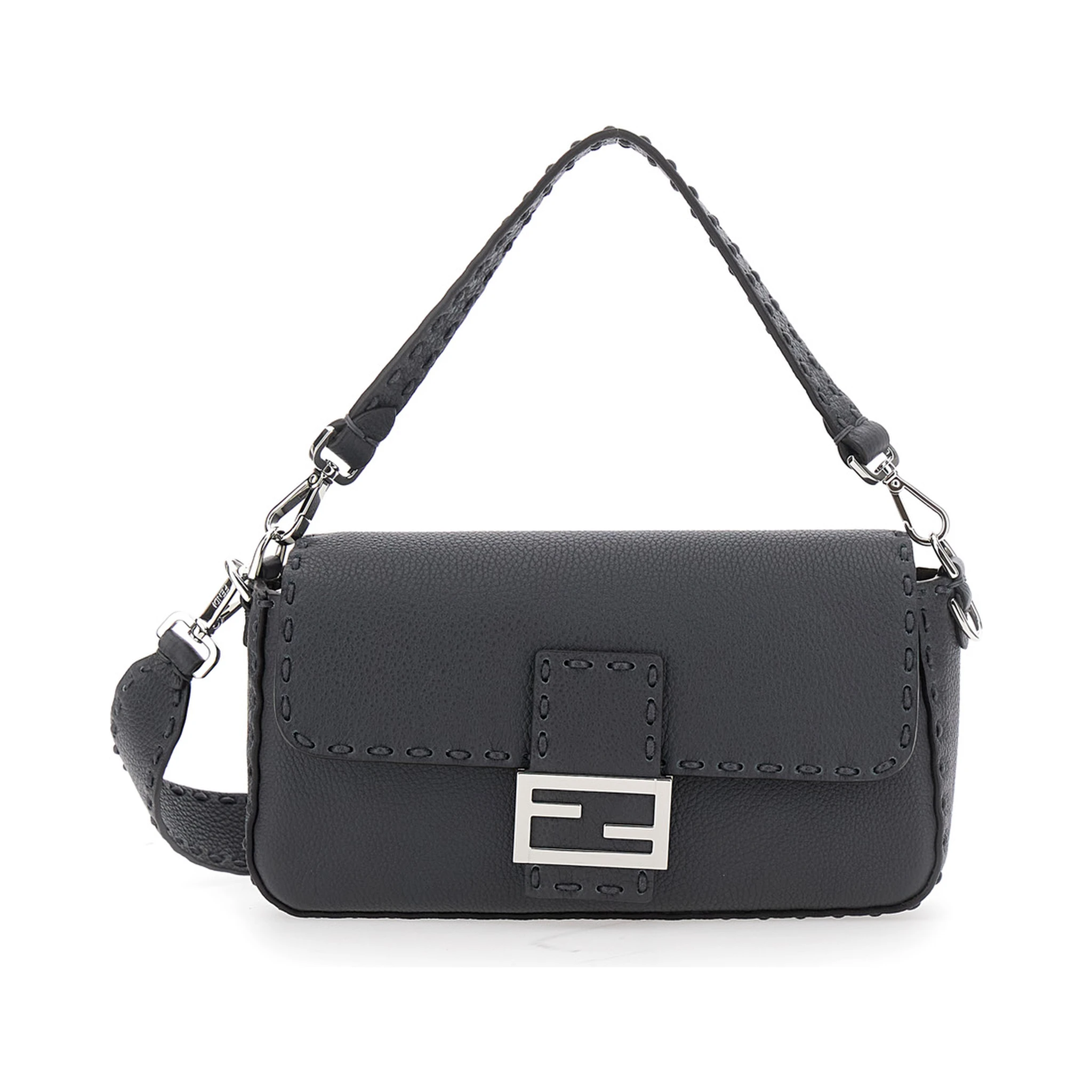 “Baguette” Grey Shoulder Bag with Contrast Stitching in Leather Man