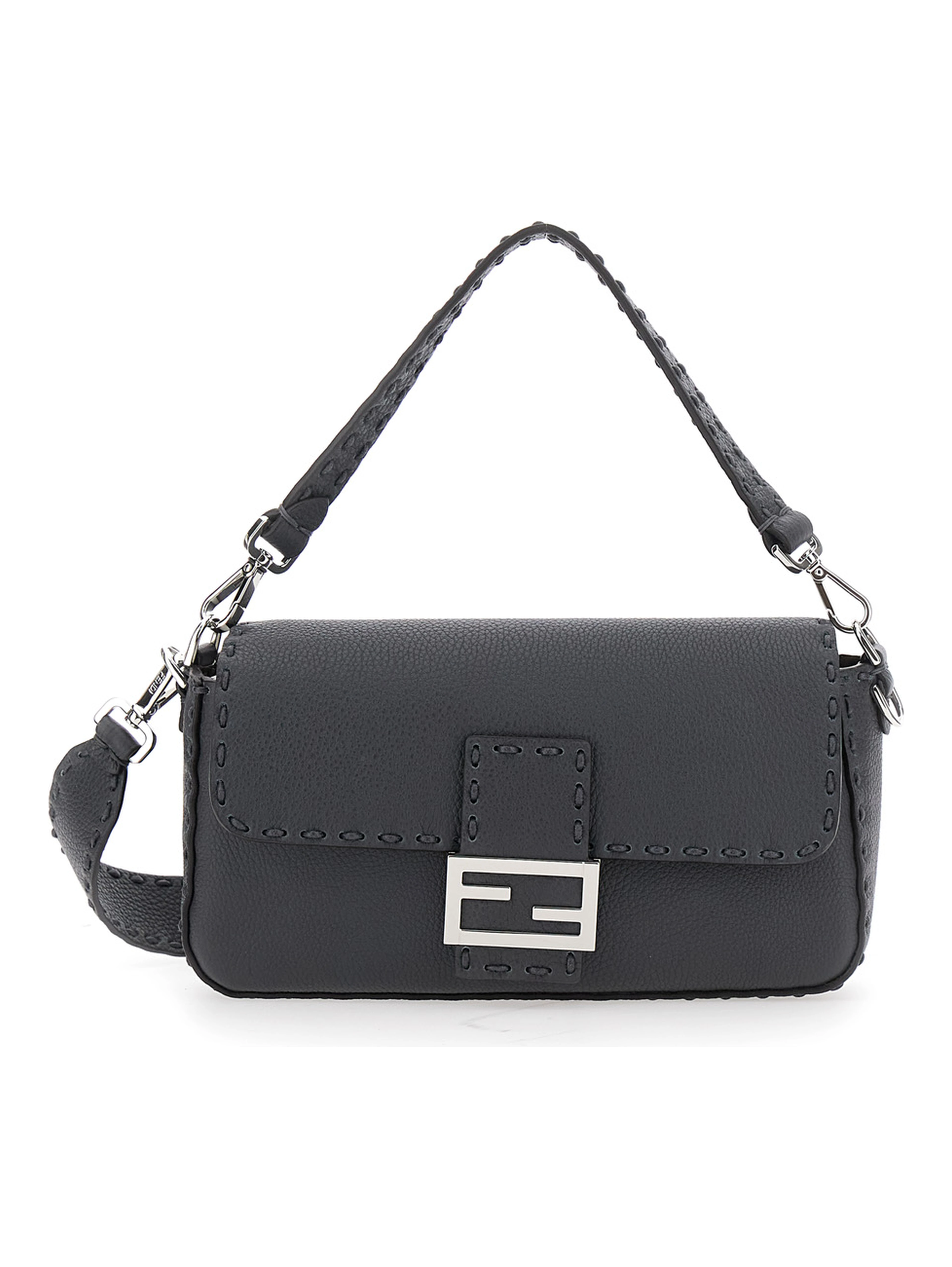 “Baguette” Grey Shoulder Bag with Contrast Stitching in Leather Man