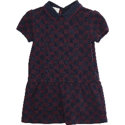 Blue Dress with Peter Pan Collar and GG All-Over Pattern in Cotton Baby