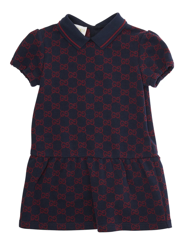 Blue Dress with Peter Pan Collar and GG All-Over Pattern in Cotton Baby