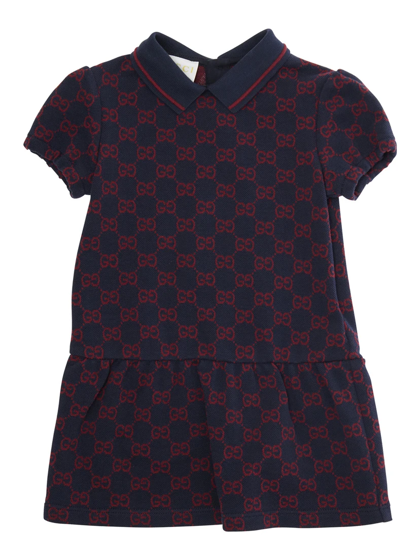 Blue Dress with Peter Pan Collar and GG All-Over Pattern in Cotton Baby