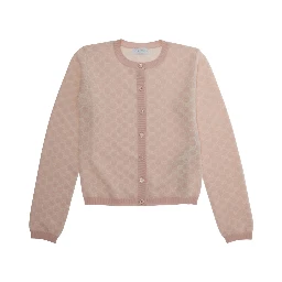 Pink Cardigan with Round Neck and All-Over GG Motif in Wool Girl