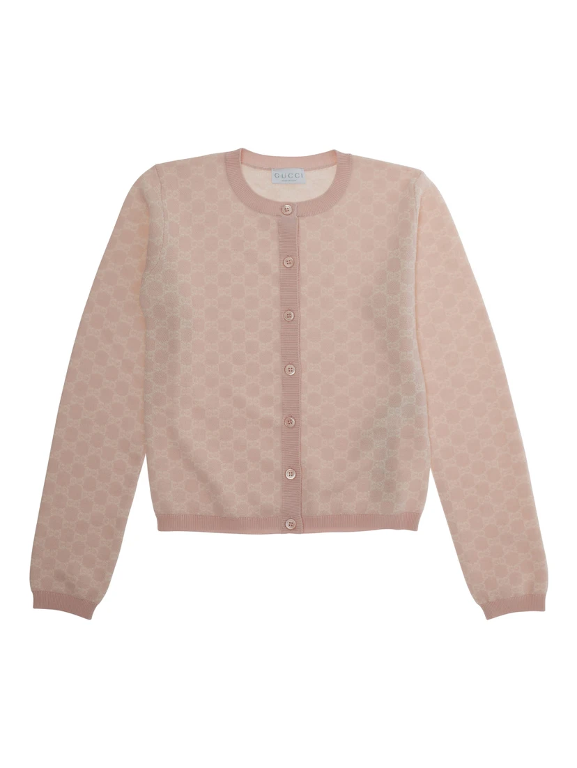 Pink Cardigan with Round Neck and All-Over GG Motif in Wool Girl