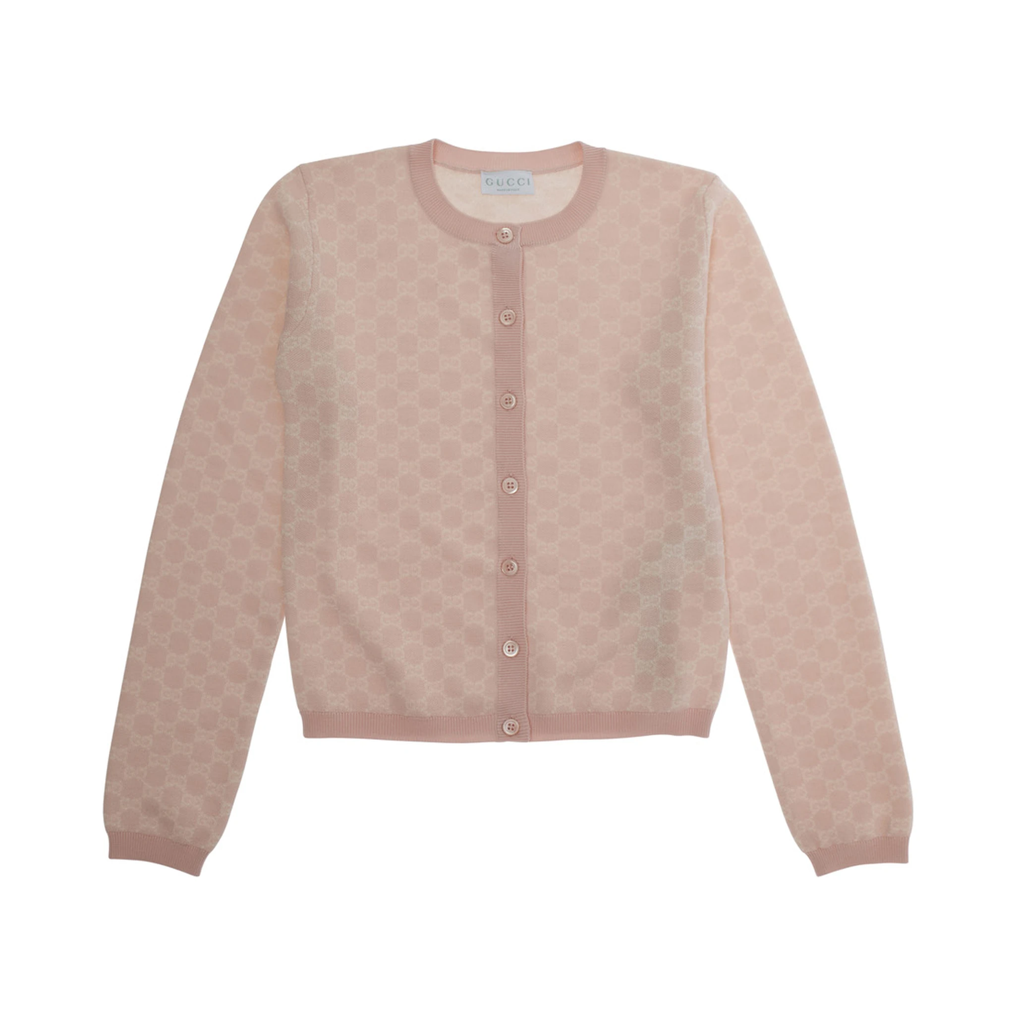 Pink Cardigan with Round Neck and All-Over GG Motif in Wool Girl