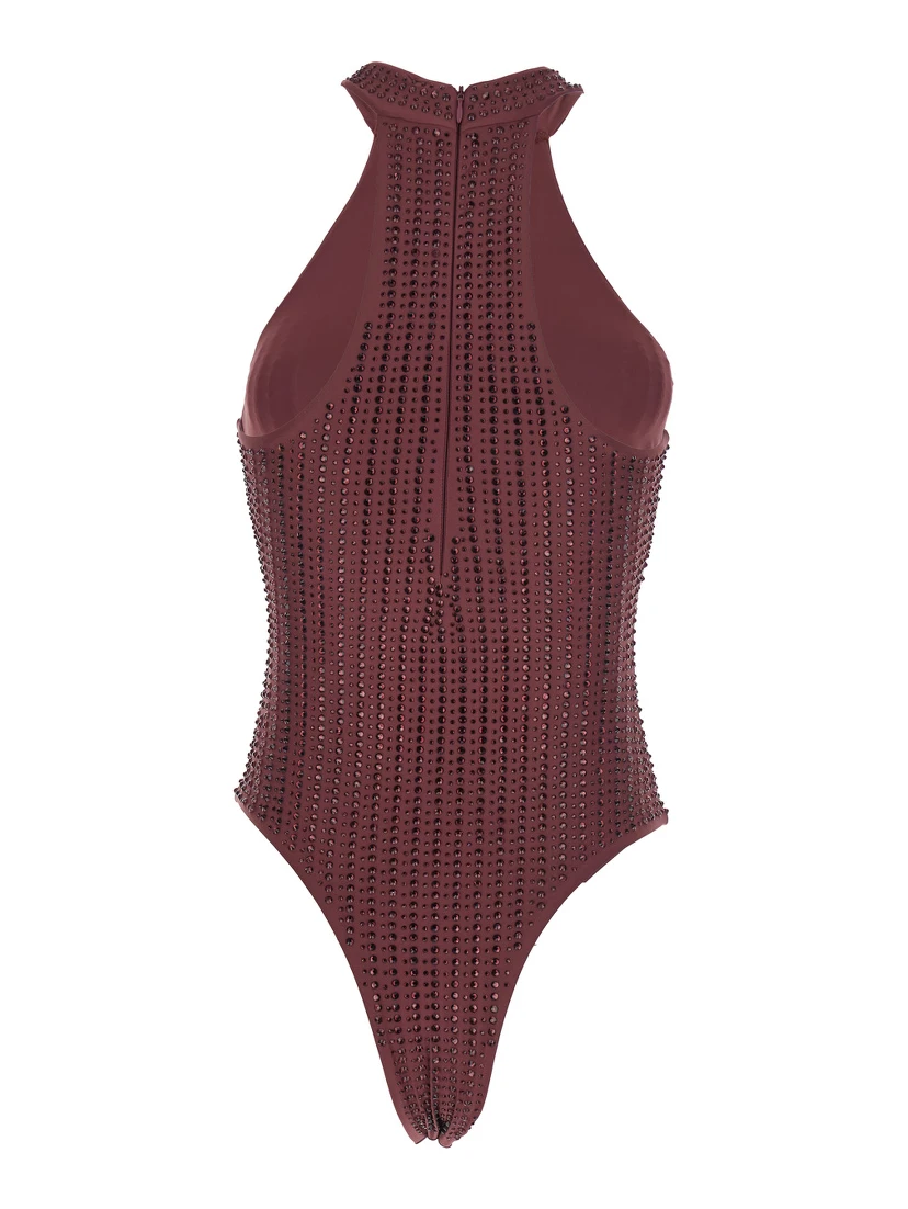 Bordeaux One-Piece with High Neck and All-Over Crystal Embellishments in Tech Fabric Stretch Woman