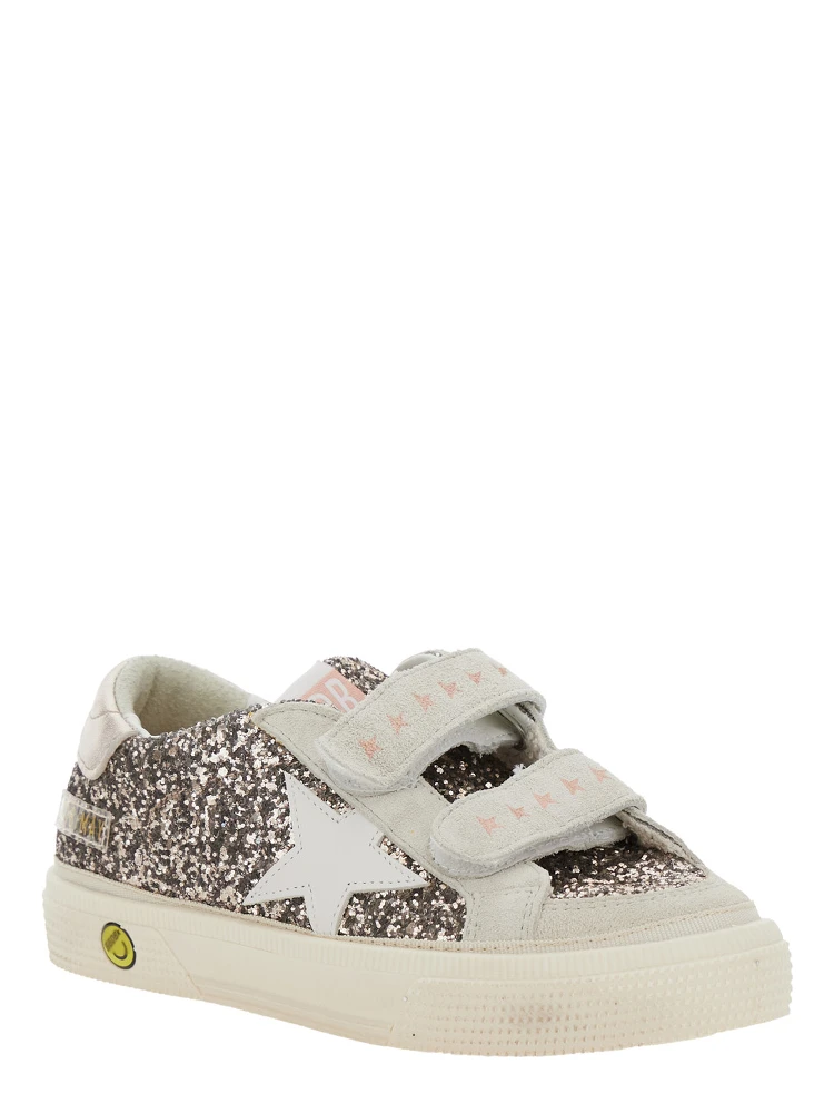May School Grey Glittered Low Top Sneakers with Star Patch on the Side in Leather Blend Girl alternative