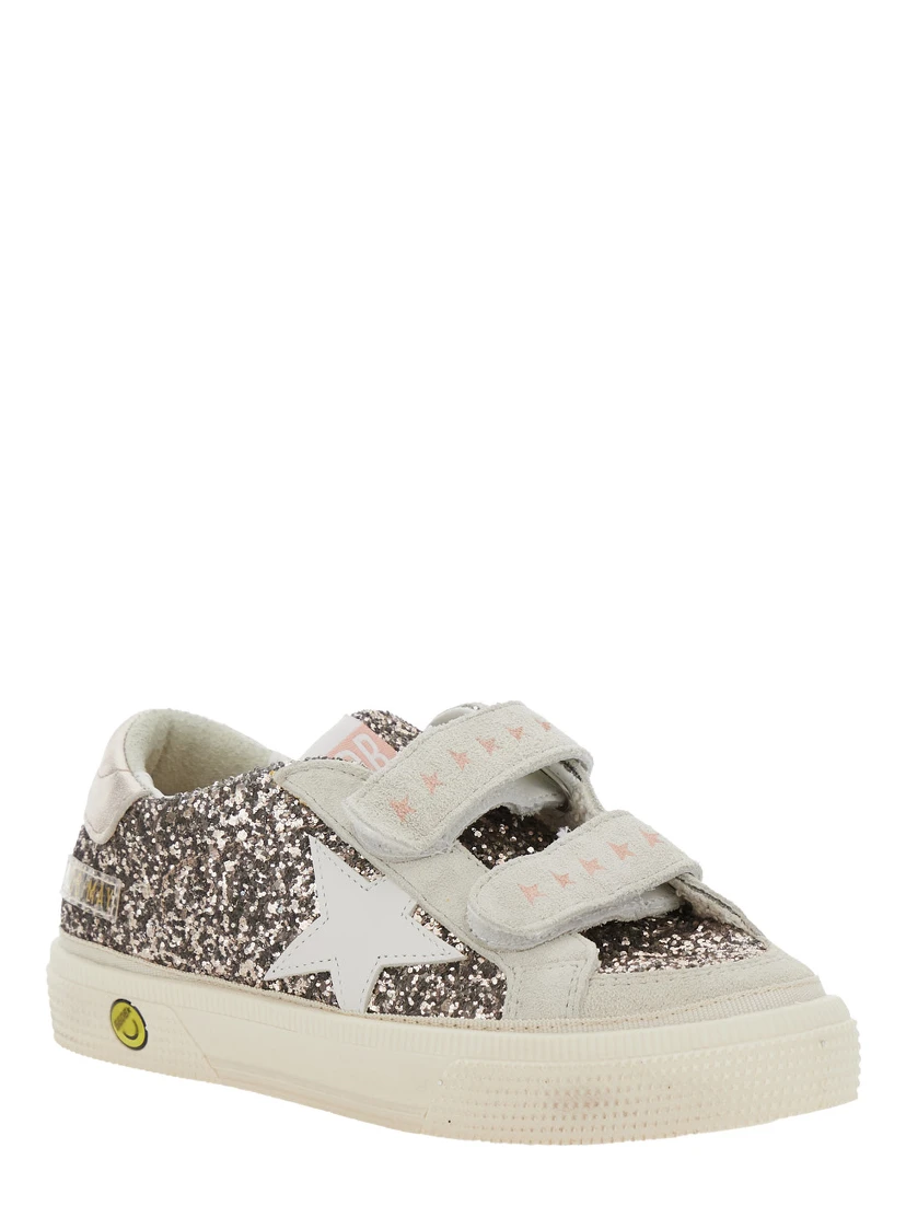 May School Grey Glittered Low Top Sneakers with Star Patch on the Side in Leather Blend Girl