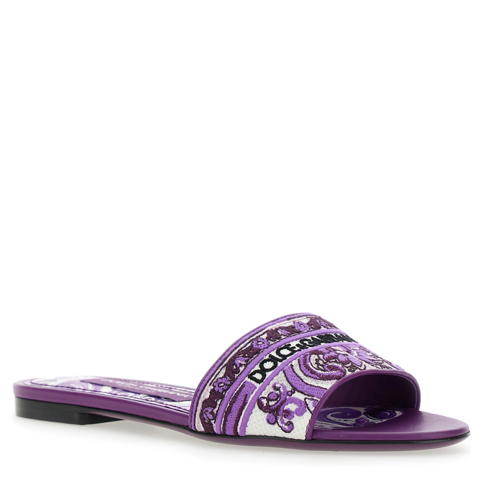 Violet Sandals with Logo Embroidery on the Front and All-Over Majolica Motif in Cotton Blend Woman