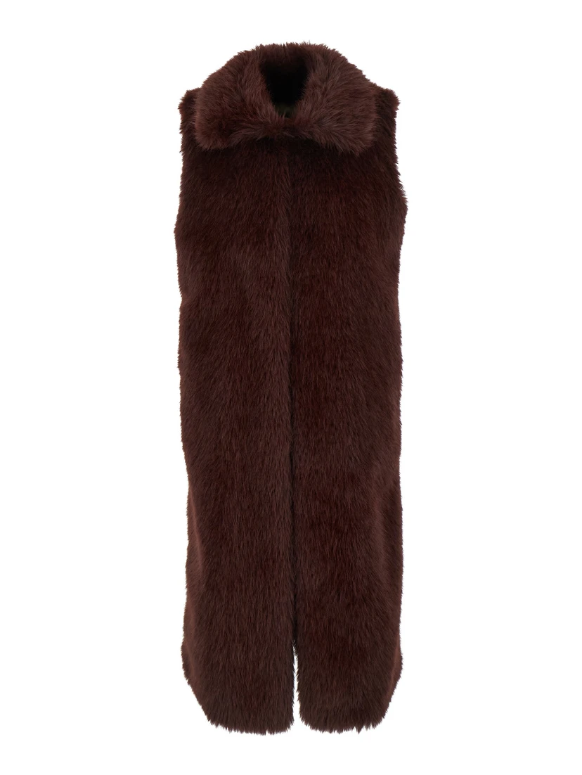 Bordeaux Sleeveless Coat with Hidden Front Fastening in Faux Fur Woman
