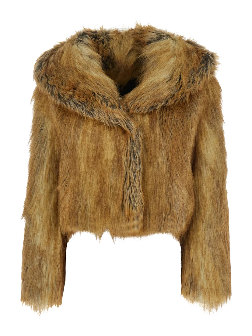 Brown Fur Coat with Hood and Front Fastening in Faux Fur Woman