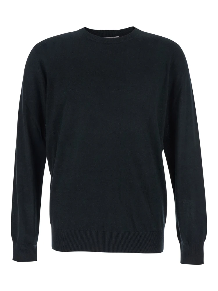 Black Crewneck Sweater with Ribbed Trims in Wool Man