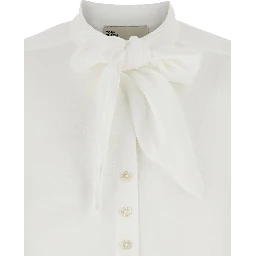 White Blouse with Pussybow Collar in Viscose Woman