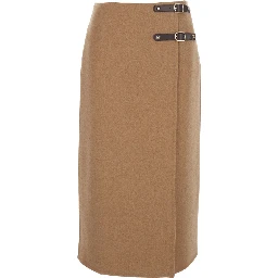 Curzio Beige Skirt with Front Straps and Rear Zip Closure in Wool Woman