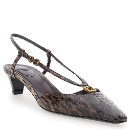 Brown Slingback Pumps with Square Toe and Animalier Motif in Leather Woman