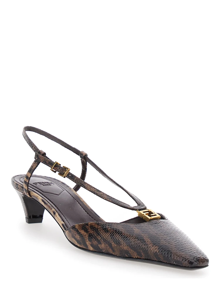 Brown Slingback Pumps with Square Toe and Animalier Motif in Leather Woman