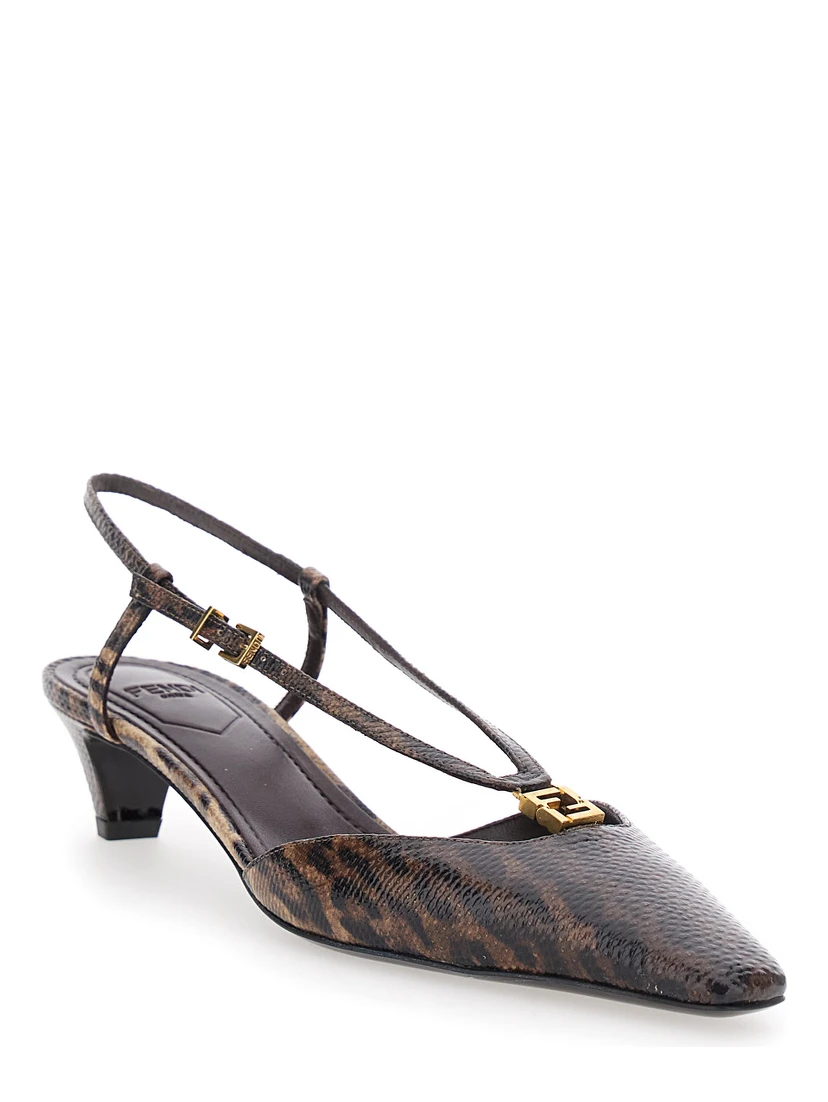 Brown Slingback Pumps with Square Toe and Animalier Motif in Leather Woman