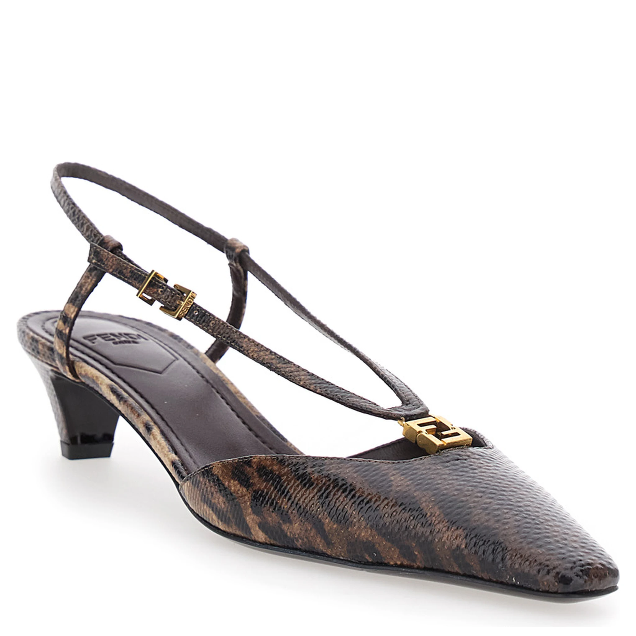 Brown Slingback Pumps with Square Toe and Animalier Motif in Leather Woman