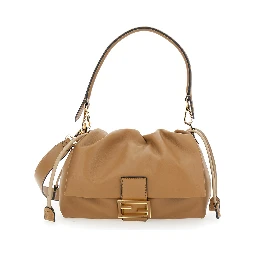 Mamma Baguette Medium Beige Shoulder Bag with FF Closure on the Front in Leather Woman