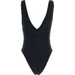 Black One-piece Swimsuit with V-neck and Belt with Plate in Tech Fabric Woman