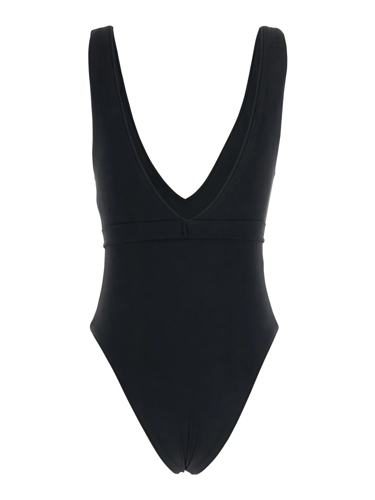 Black One-piece Swimsuit with V-neck and Belt with Plate in Tech Fabric Woman alternative