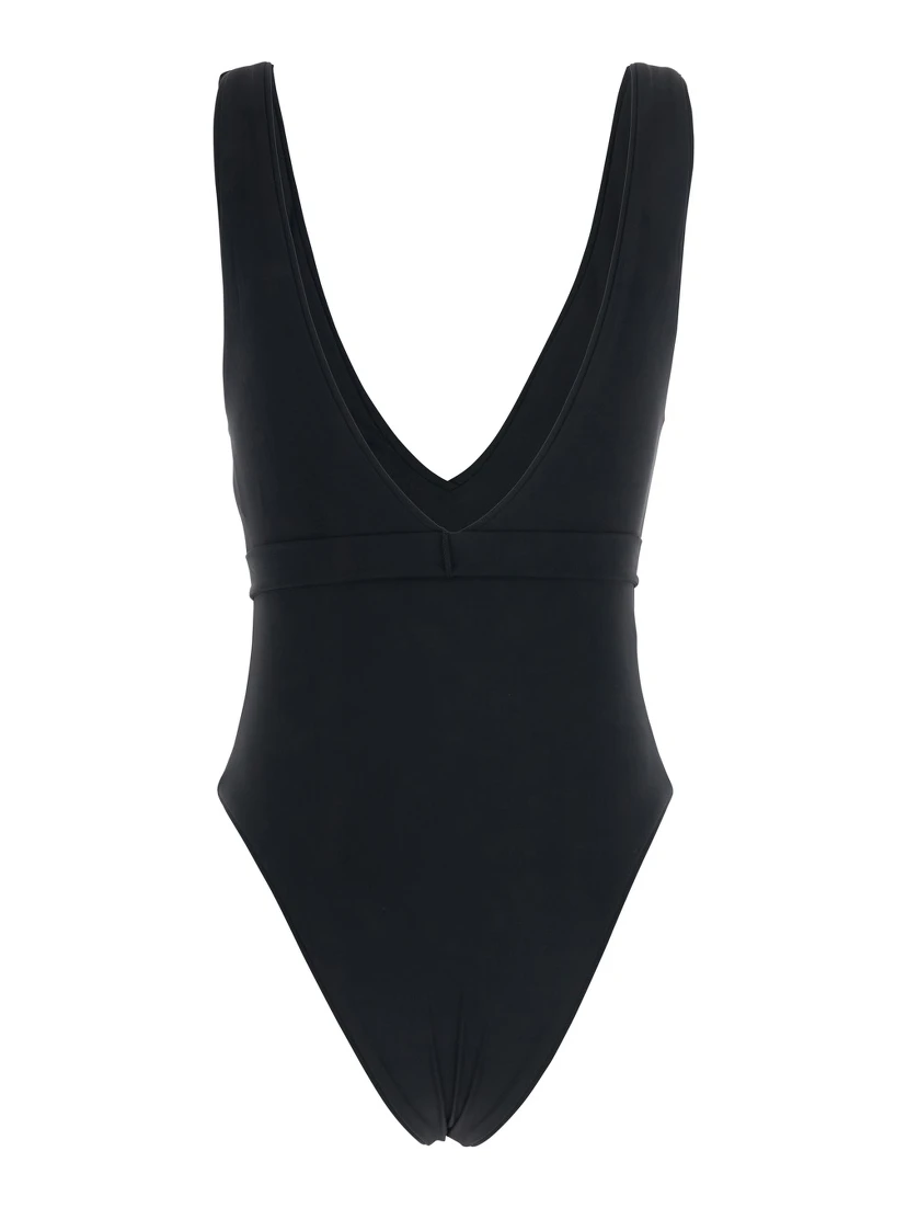 Black One-piece Swimsuit with V-neck and Belt with Plate in Tech Fabric Woman