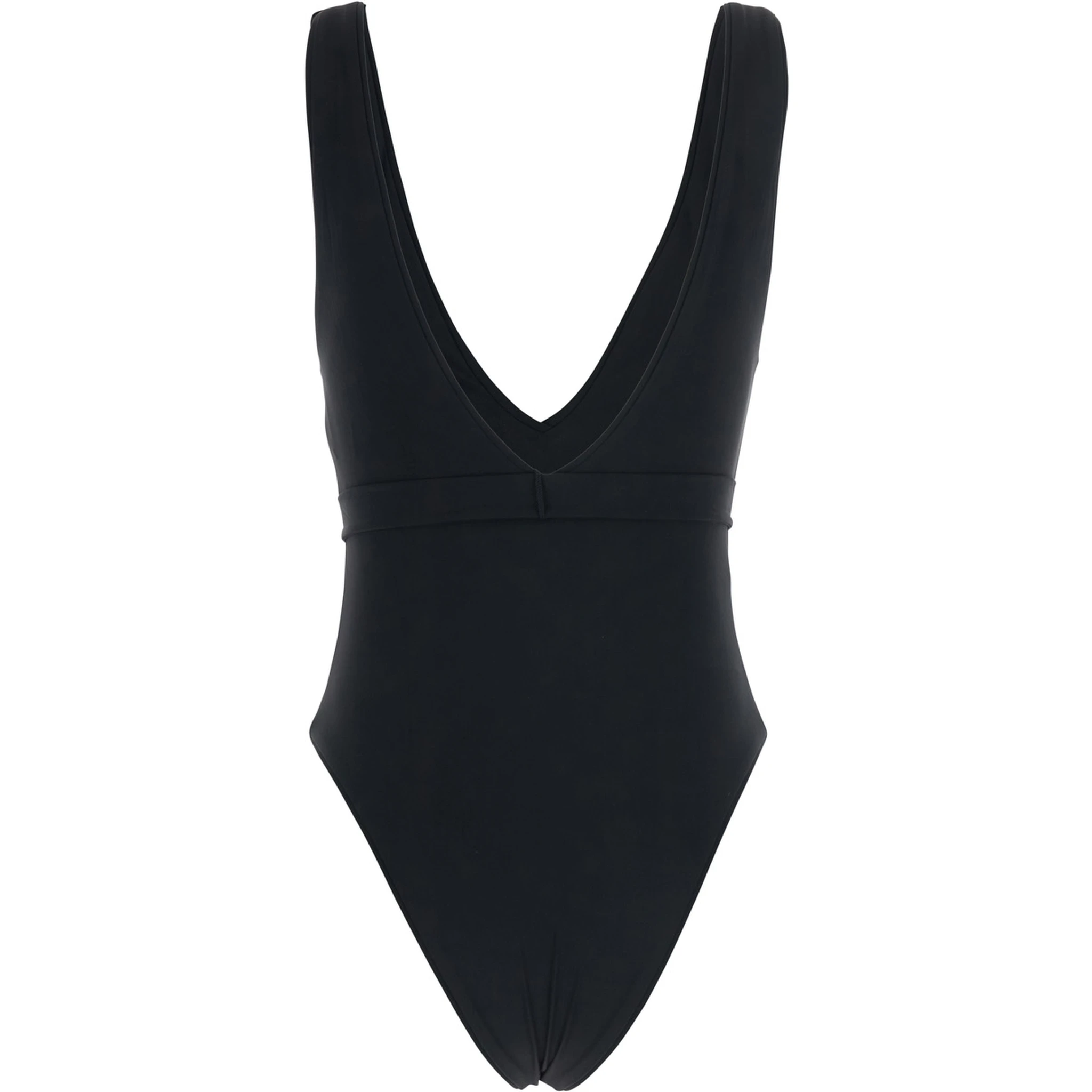 Black One-piece Swimsuit with V-neck and Belt with Plate in Tech Fabric Woman