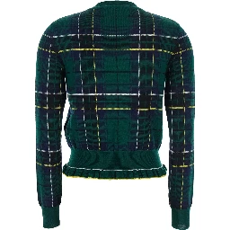Green Crew Neck Sweater with Tartan Pattern and Fringed Hem in Wool Woman