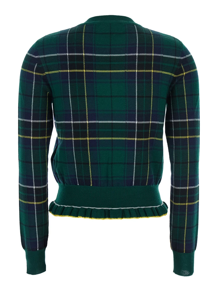 Green Crew Neck Sweater with Tartan Pattern and Fringed Hem in Wool Woman alternative