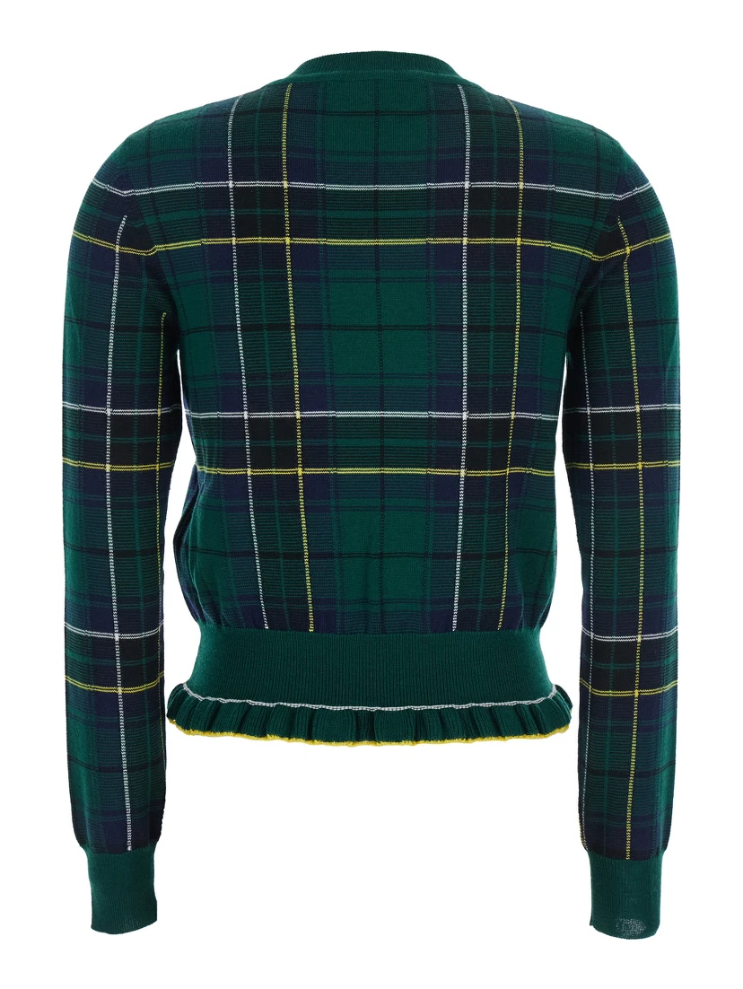 Green Crew Neck Sweater with Tartan Pattern and Fringed Hem in Wool Woman