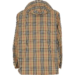 Beige Reversible Jacket with Drawstring Hood and All-Over Check Motif in Tech Fabric Man