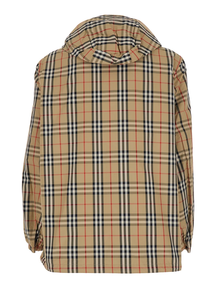 Beige Reversible Jacket with Drawstring Hood and All-Over Check Motif in Tech Fabric Man alternative