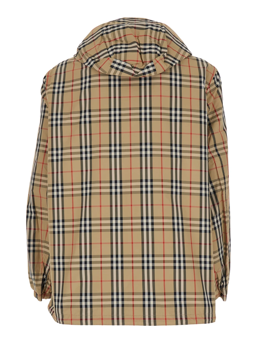 Beige Reversible Jacket with Drawstring Hood and All-Over Check Motif in Tech Fabric Man