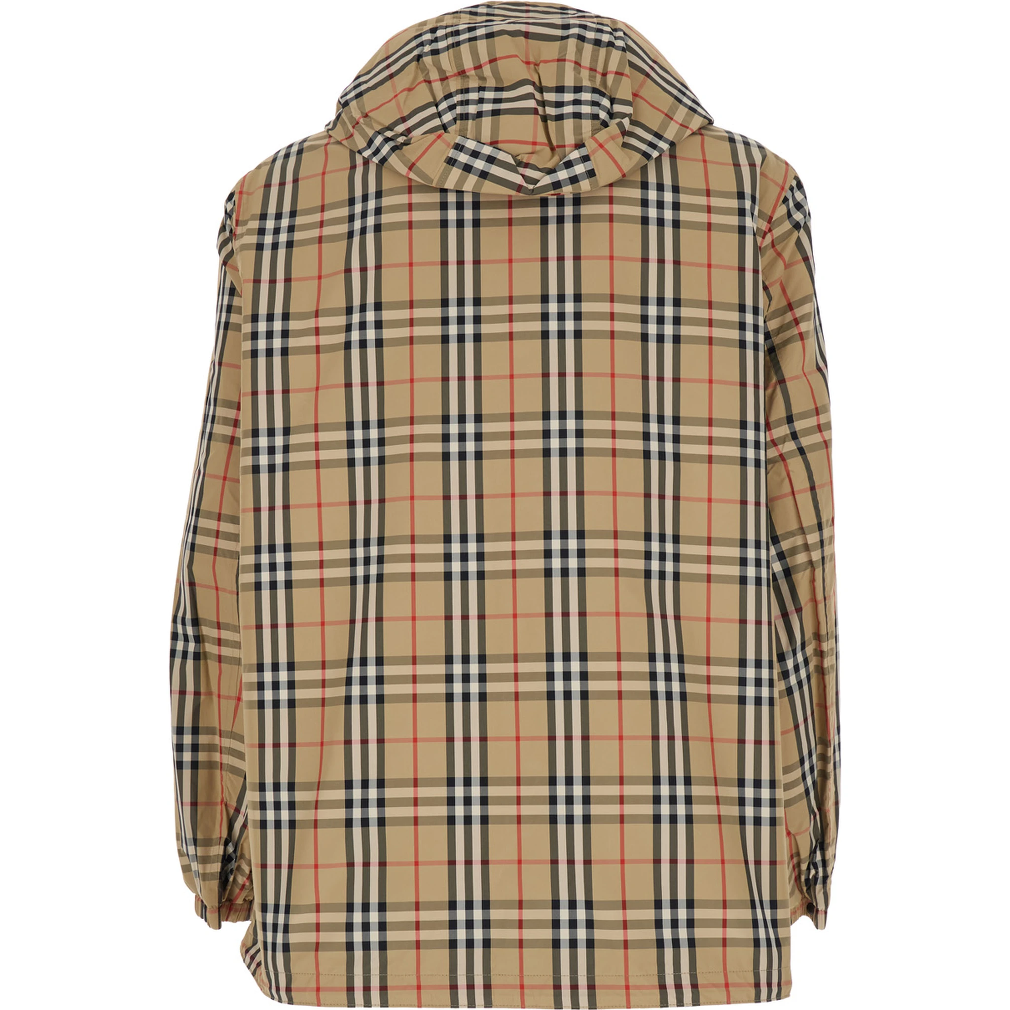 Beige Reversible Jacket with Drawstring Hood and All-Over Check Motif in Tech Fabric Man