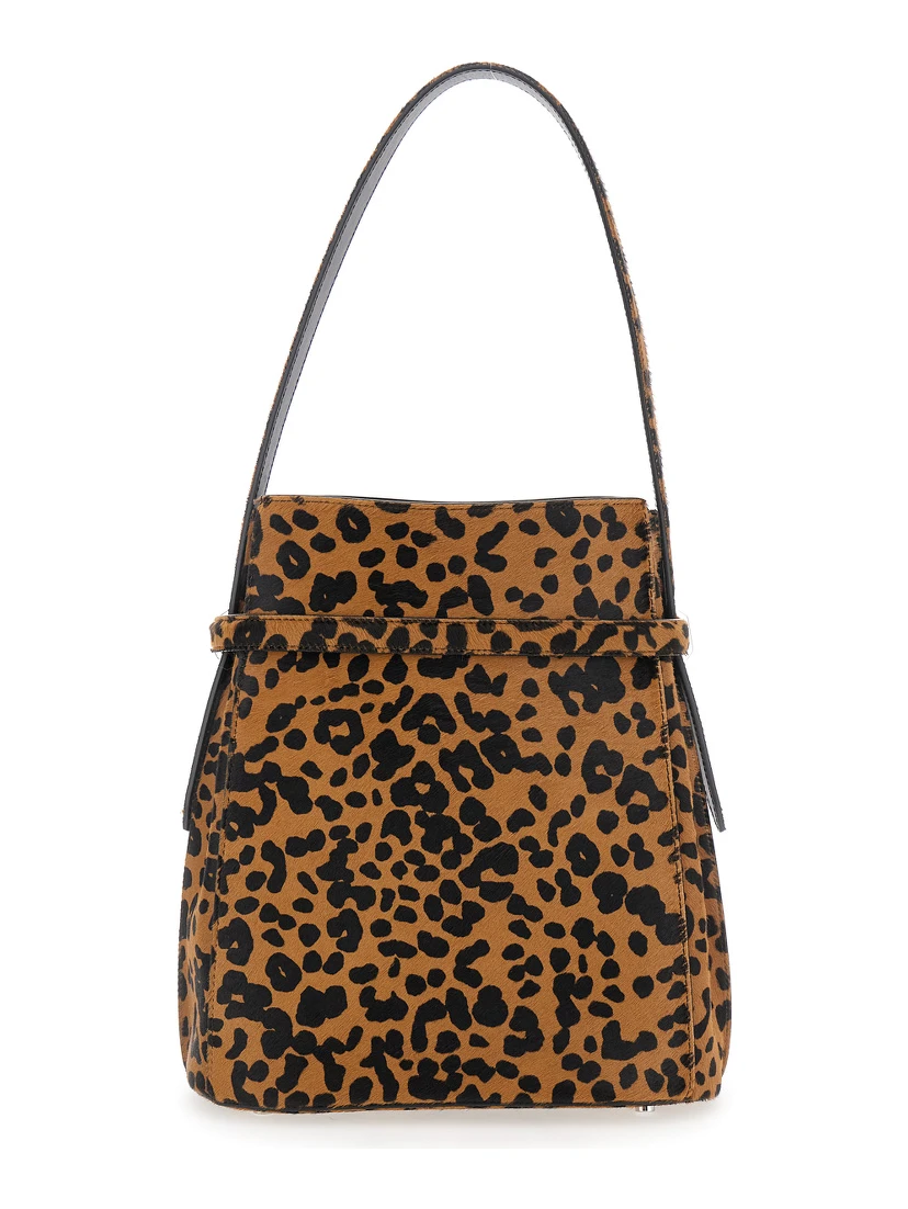 Brown Shoulder Bag with Fixed Shoulder Strap and All-Over Leopard Motif in Leather Woman
