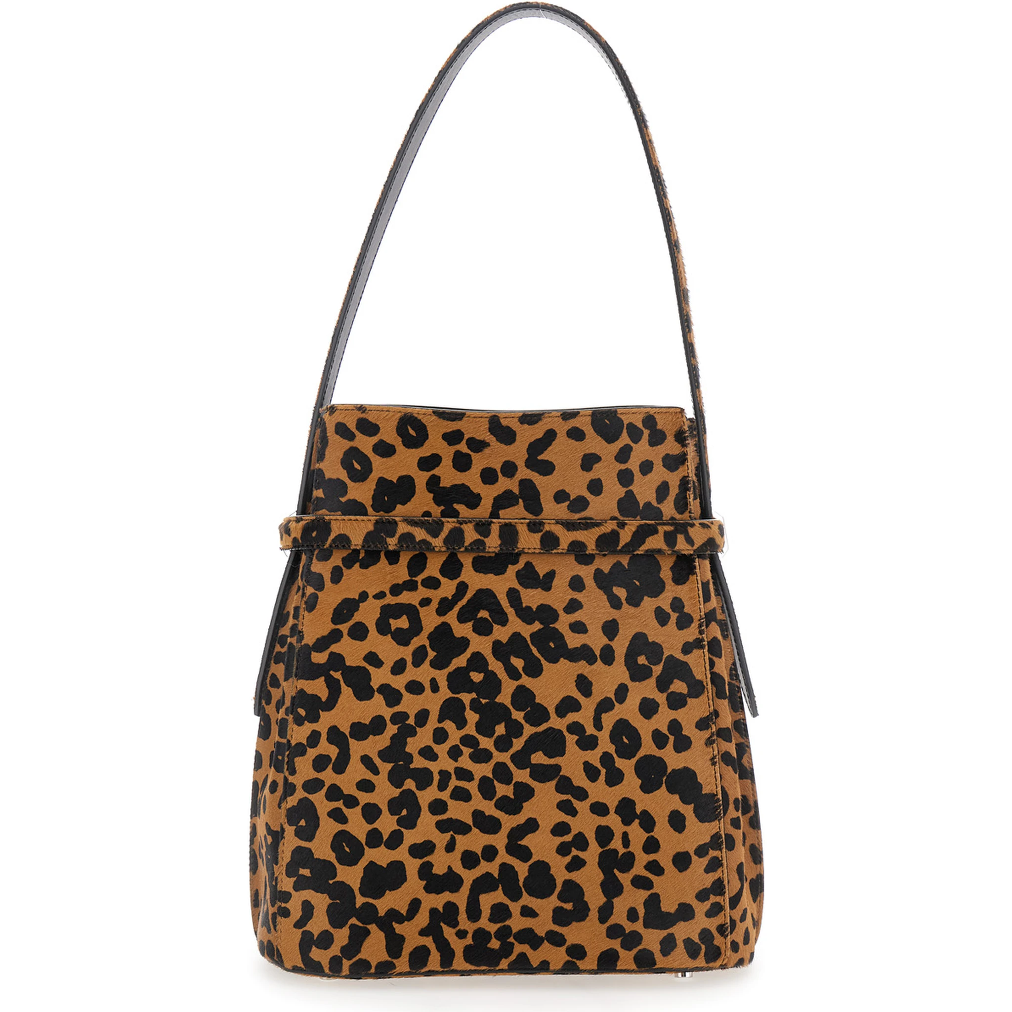 Brown Shoulder Bag with Fixed Shoulder Strap and All-Over Leopard Motif in Leather Woman