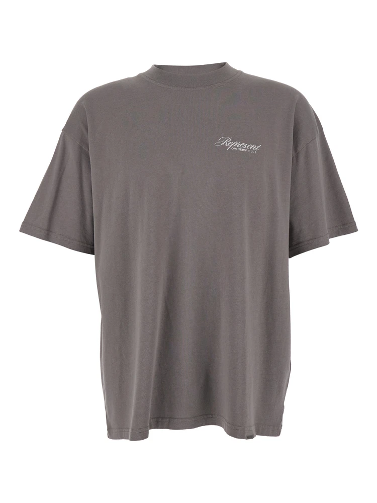 Grey Crewneck T-Shirt with Logo Lettering on the Front and Maxi Logo Print on the Rear in Cotton Man