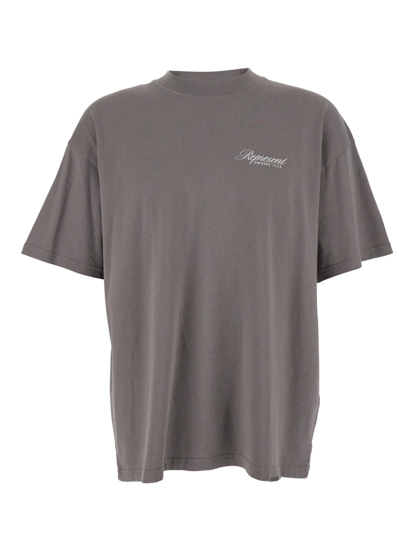 Grey Crewneck T-Shirt with Logo Lettering on the Front and Maxi Logo Print on the Rear in Cotton Man