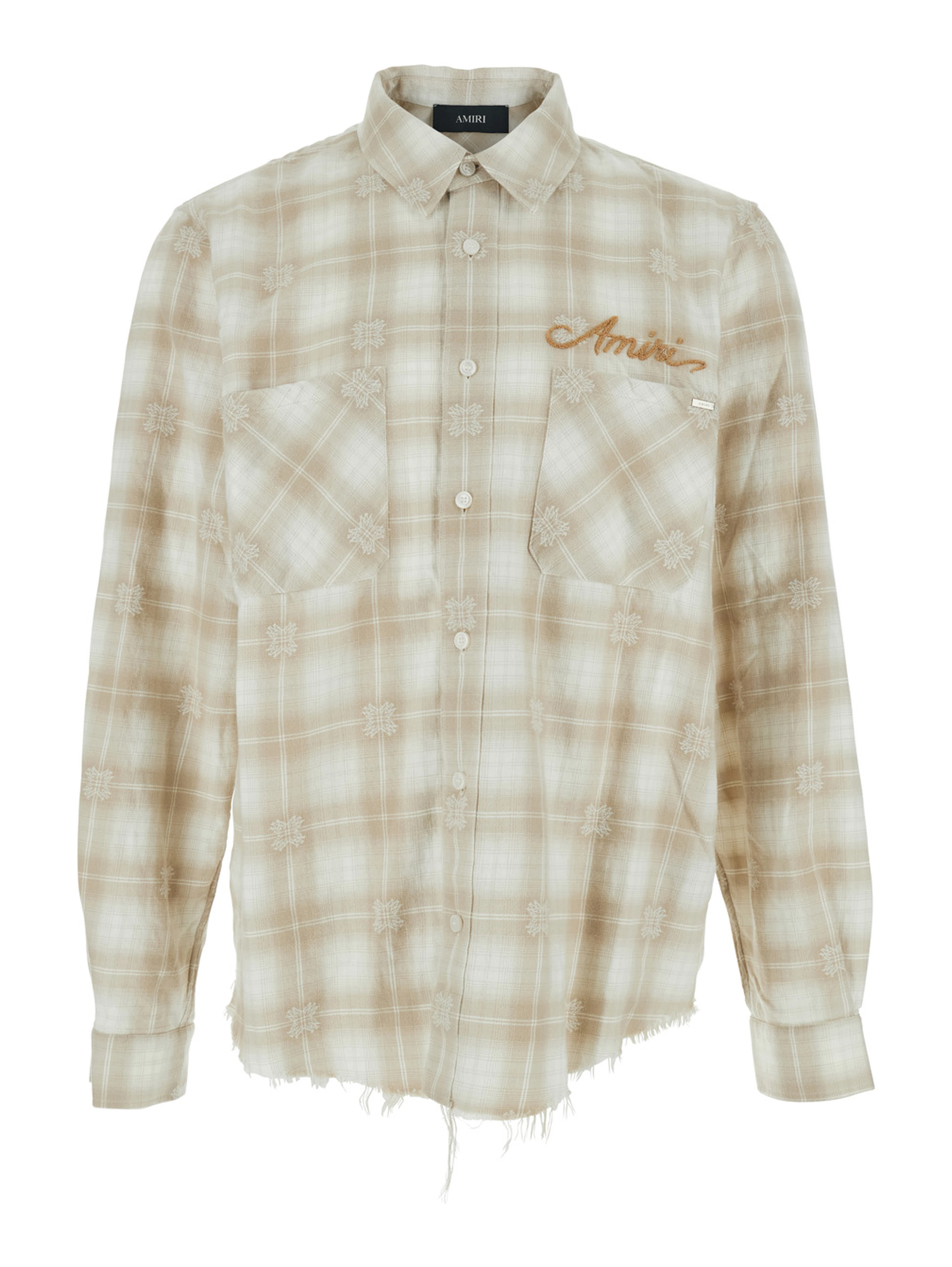 Beige Shirt with Check Pattern and Lettering Logo on Front and Backin Flannel Man