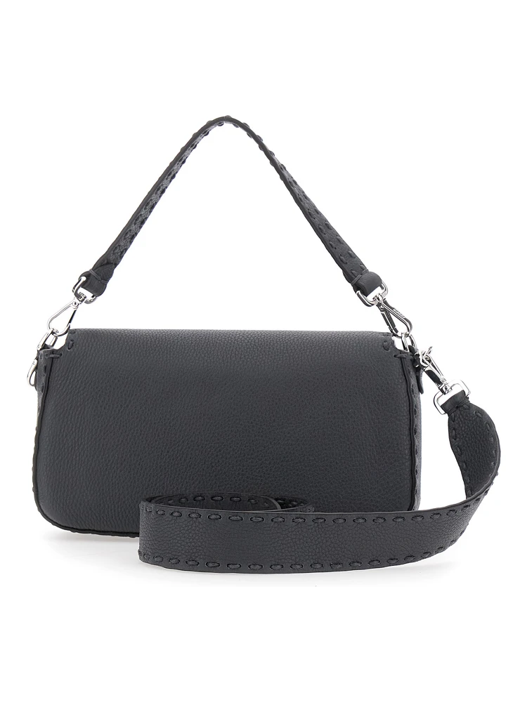 “Baguette” Grey Shoulder Bag with Contrast Stitching in Leather Man alternative