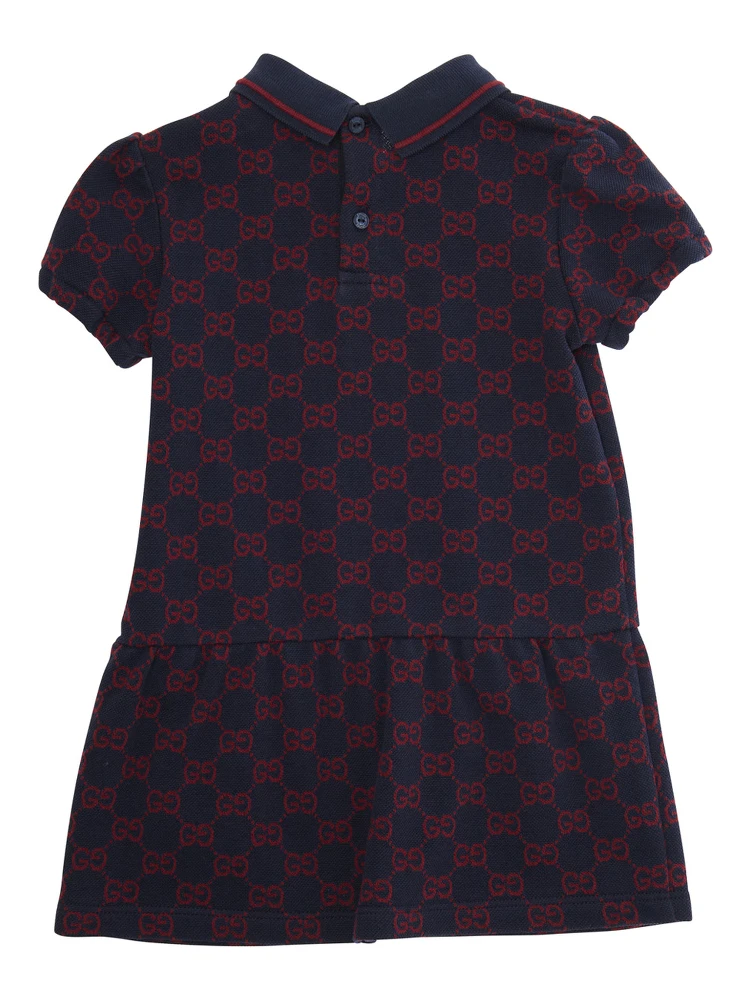 Blue Dress with Peter Pan Collar and GG All-Over Pattern in Cotton Baby alternative